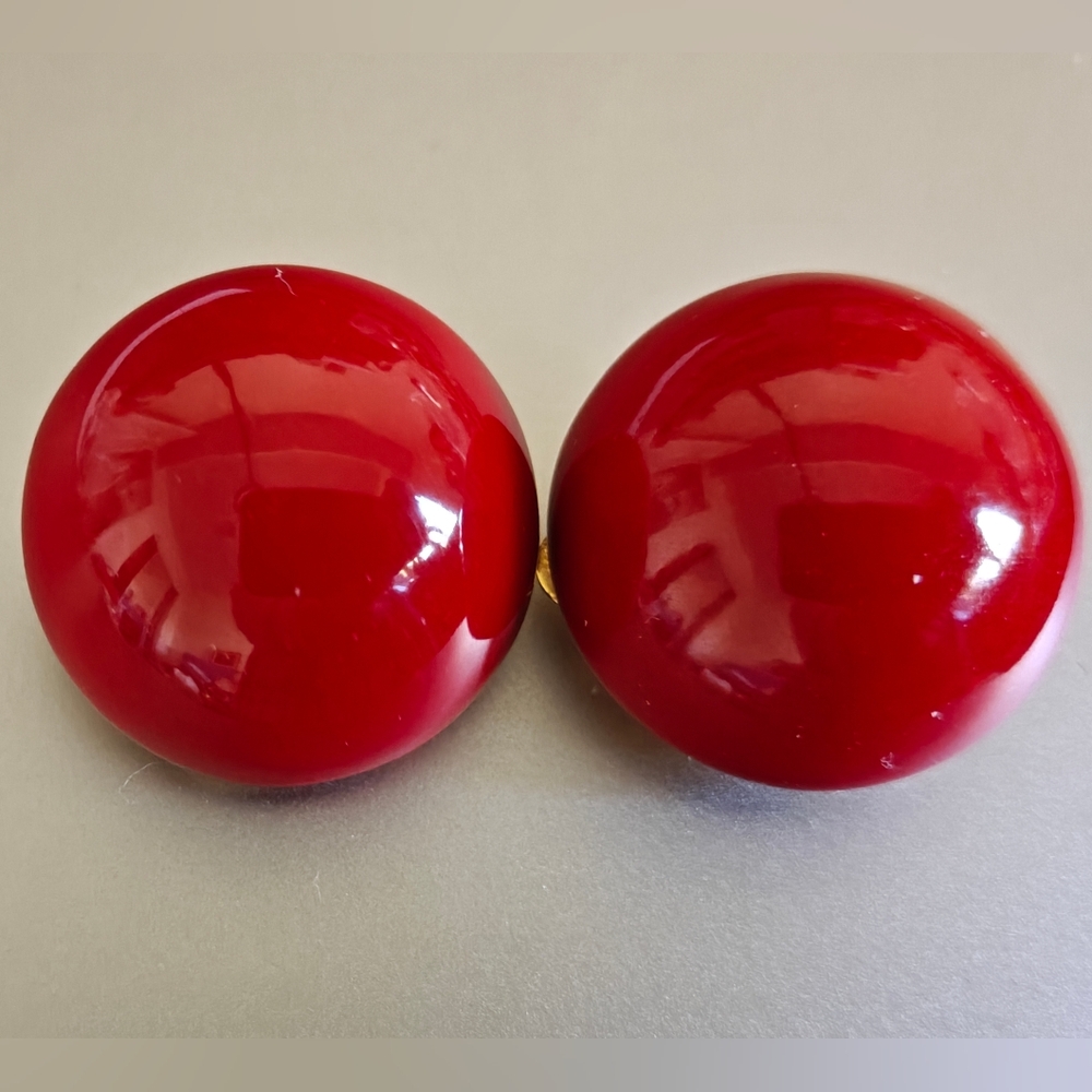 Vintage Signed Gay Boyer Red Enamel Hemisphere Earrings